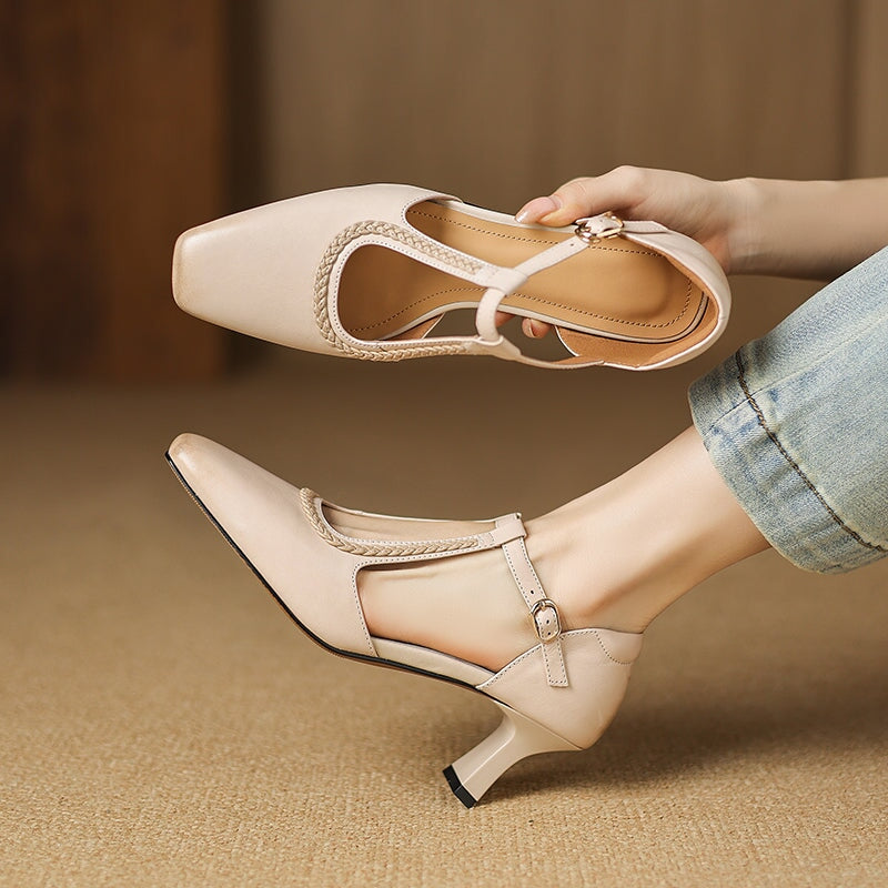 Elegant Cowhide Leather 60mm Square Toe Mary Jane Pumps with Woven Design in Beige/Black