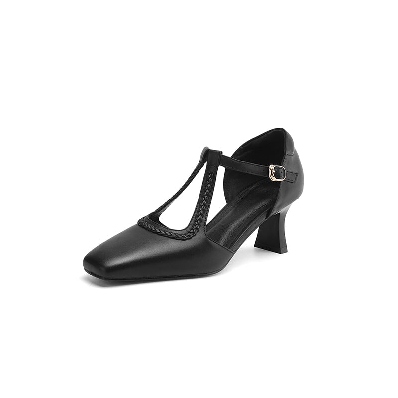 Elegant Cowhide Leather 60mm Square Toe Mary Jane Pumps with Woven Design in Beige/Black