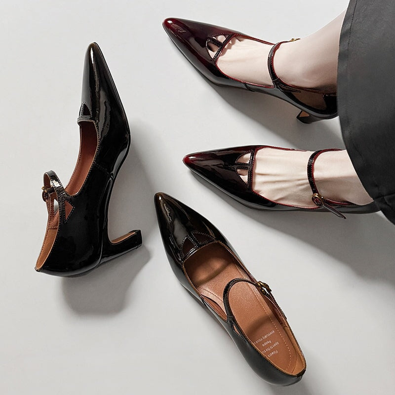 Elegant Gradient Patent Sheepskin 60mm Heels Pointed Toe Mary Jane Pumps in Brown/Wine Red
