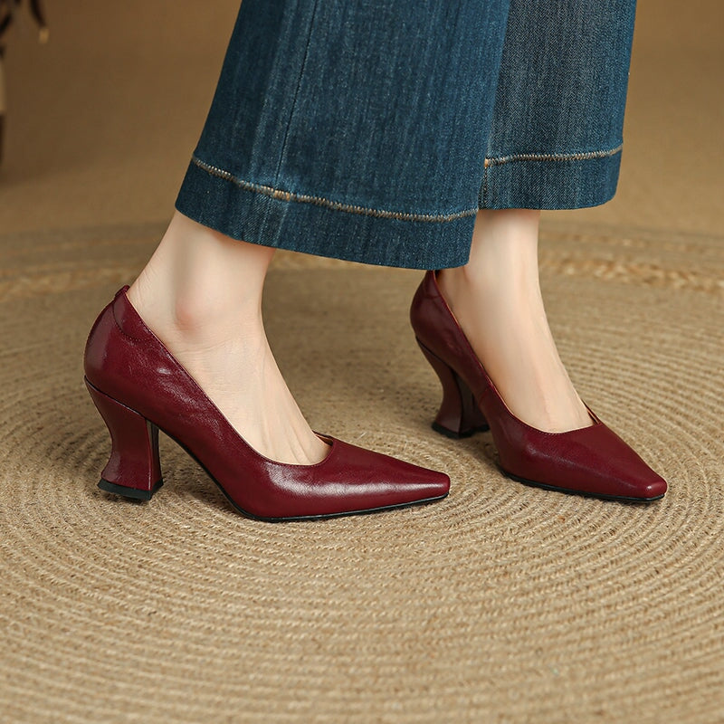 Elegant Handmade Almond Toe Trumpet Heel Leather Pumps for Women in Black/Wine Red