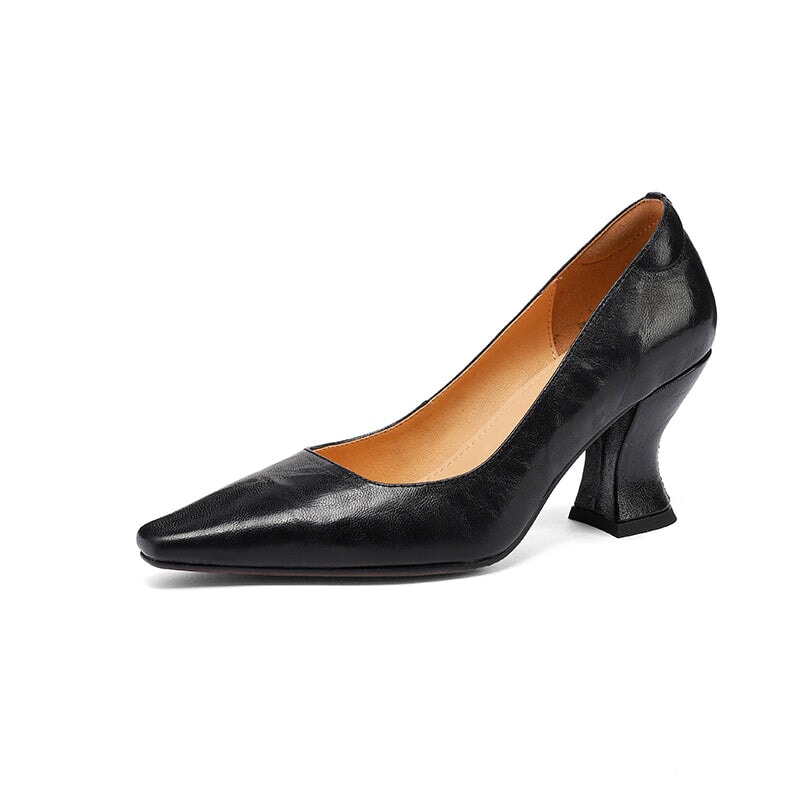 Elegant Handmade Almond Toe Trumpet Heel Leather Pumps for Women in Black/Wine Red