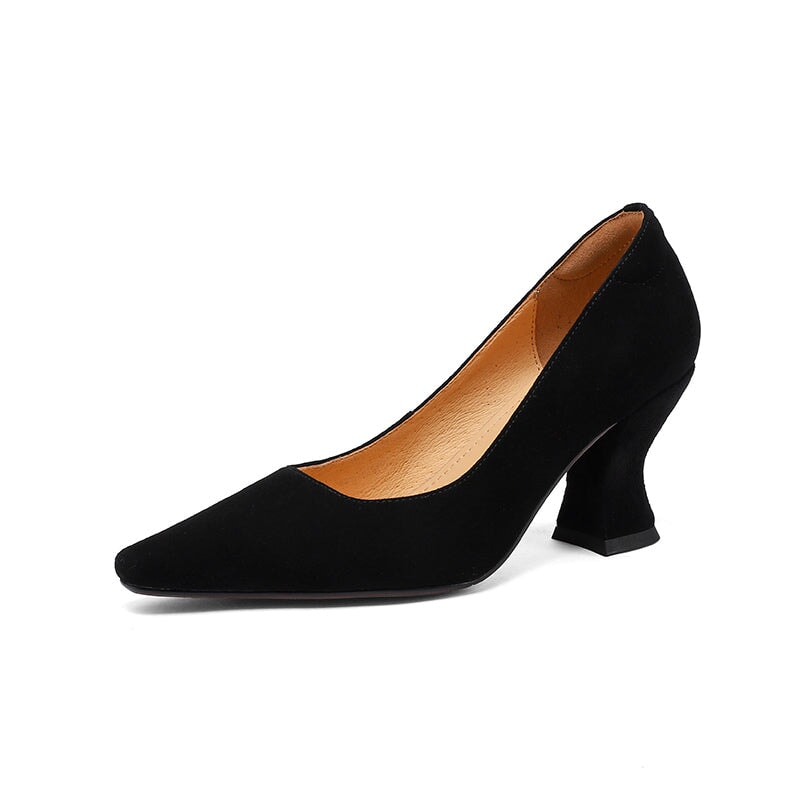 Elegant Handmade Almond Toe Trumpet Heel Leather Pumps for Women in Black/Wine Red