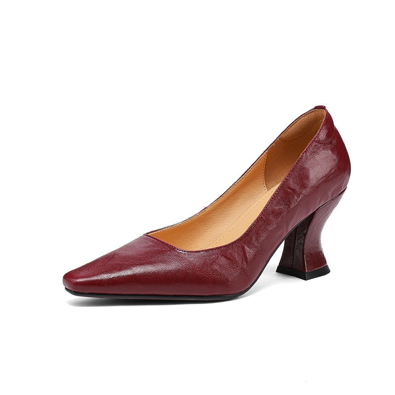 Elegant Handmade Almond Toe Trumpet Heel Leather Pumps for Women in Black/Wine Red
