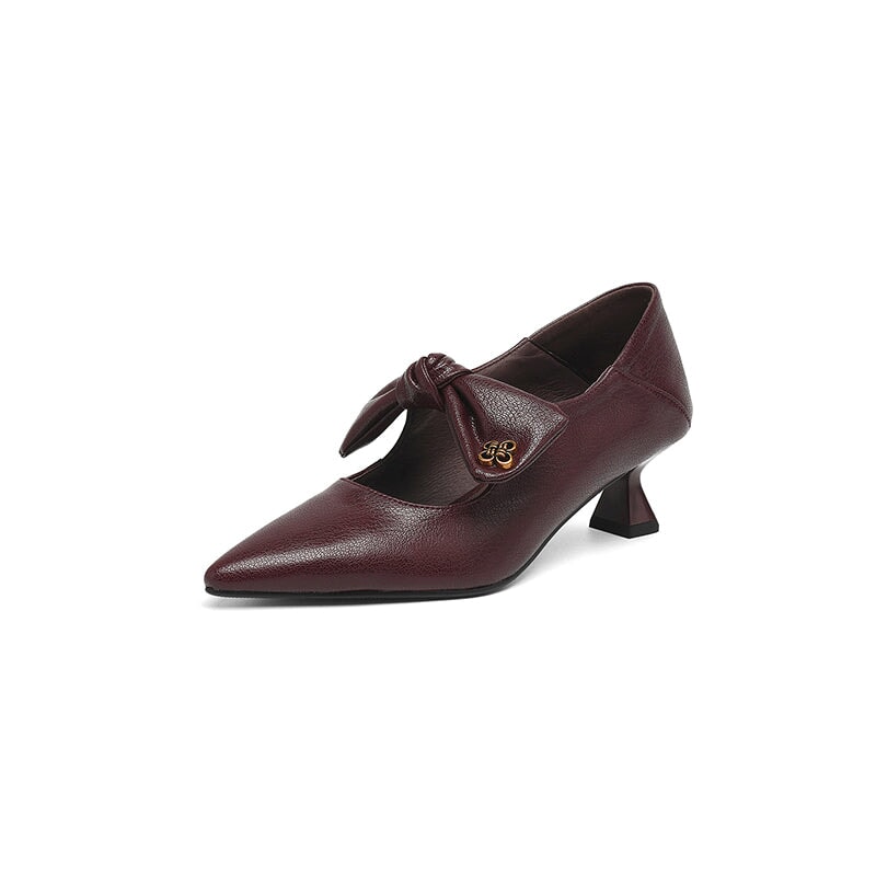 Elegant Pointed Toe 50mm Kitten Heel Mary Jane Pumps with Bow Detail in Black/Wine Red