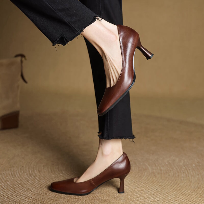 Elegant Square Toe Cowhide Leather Stiletto Pumps 70mm Slip-On Heels in Brown/Black/Khaki