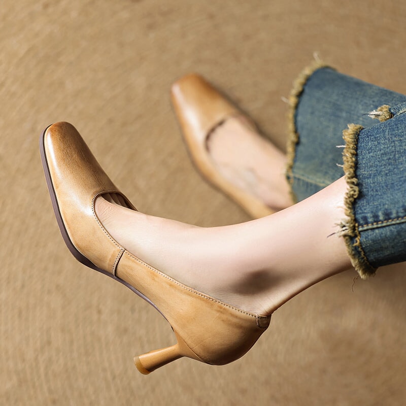 Elegant Square Toe Cowhide Leather Stiletto Pumps 70mm Slip-On Heels in Brown/Black/Khaki