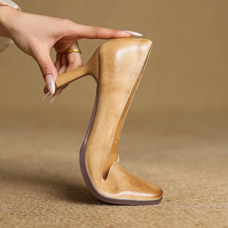 Elegant Square Toe Cowhide Leather Stiletto Pumps 70mm Slip-On Heels in Brown/Black/Khaki