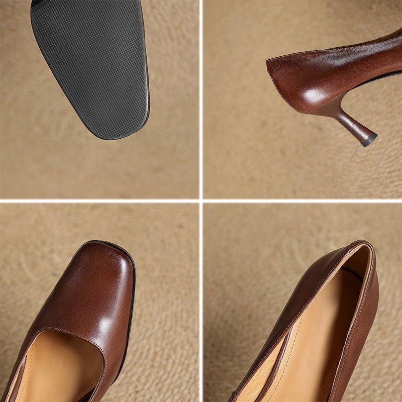 Elegant Square Toe Cowhide Leather Stiletto Pumps 70mm Slip-On Heels in Brown/Black/Khaki