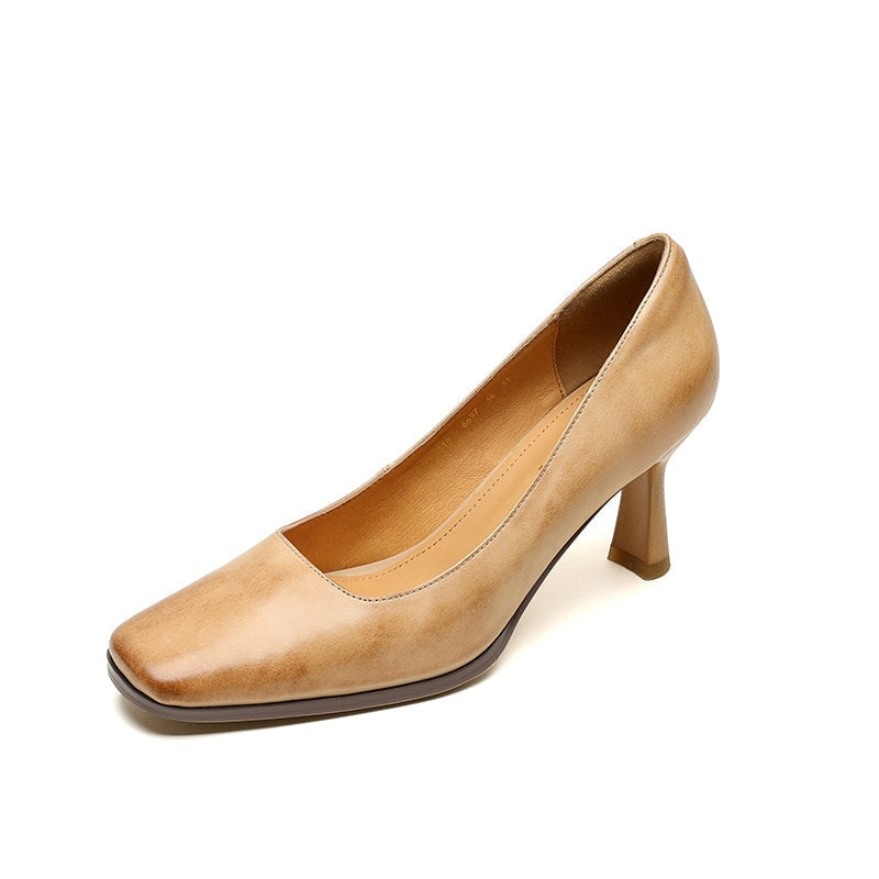 Elegant Square Toe Cowhide Leather Stiletto Pumps 70mm Slip-On Heels in Brown/Black/Khaki