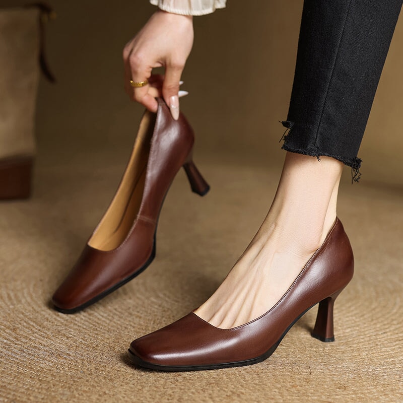 Elegant Square Toe Cowhide Leather Stiletto Pumps 70mm Slip-On Heels in Brown/Black/Khaki