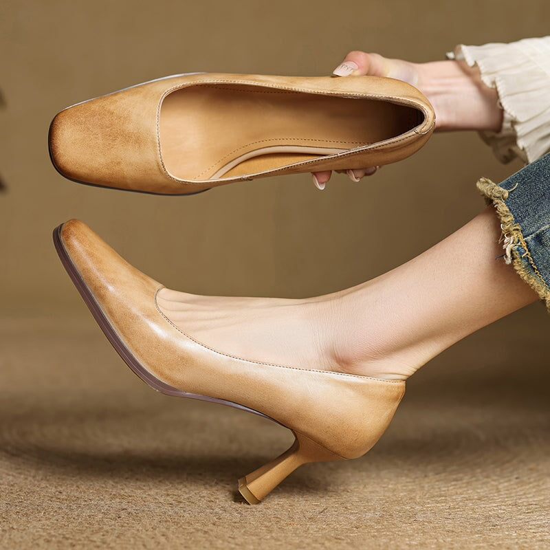 Elegant Square Toe Cowhide Leather Stiletto Pumps 70mm Slip-On Heels in Brown/Black/Khaki