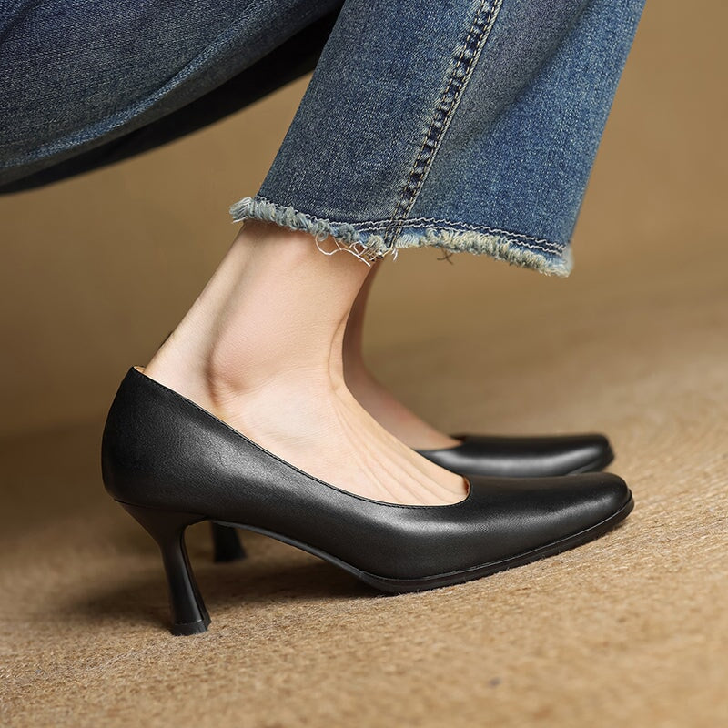 Elegant Square Toe Cowhide Leather Stiletto Pumps 70mm Slip-On Heels in Brown/Black/Khaki