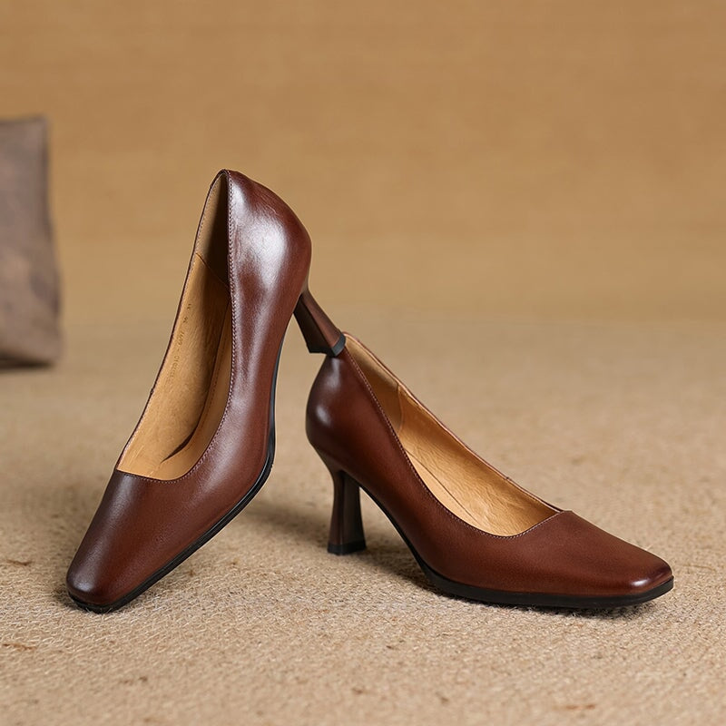 Elegant Square Toe Cowhide Leather Stiletto Pumps 70mm Slip-On Heels in Brown/Black/Khaki