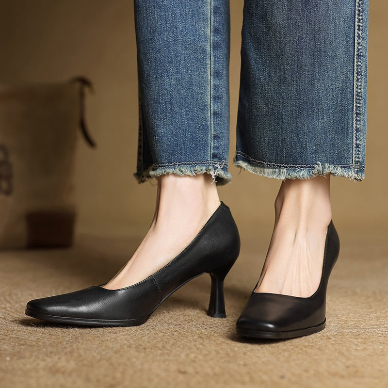 Elegant Square Toe Cowhide Leather Stiletto Pumps 70mm Slip-On Heels in Brown/Black/Khaki
