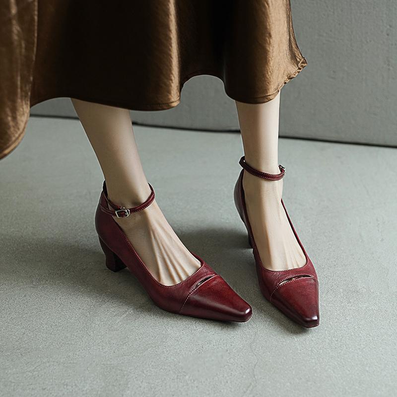 Elegant Square Toe Mid Heel Kitten Washed Horse Leather Pumps in Red/Black