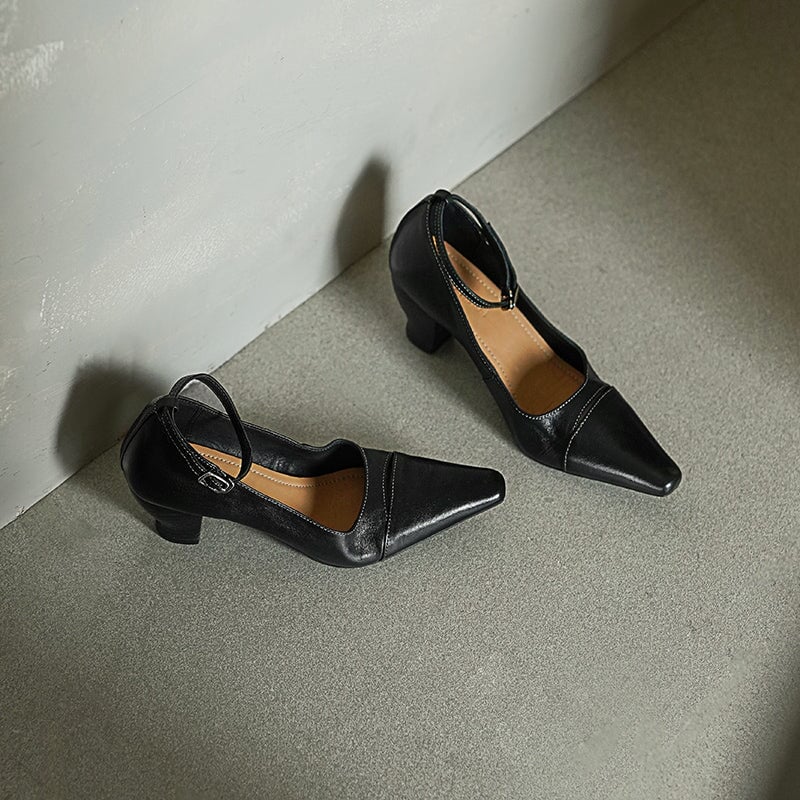 Elegant Square Toe Mid Heel Kitten Washed Horse Leather Pumps in Red/Black