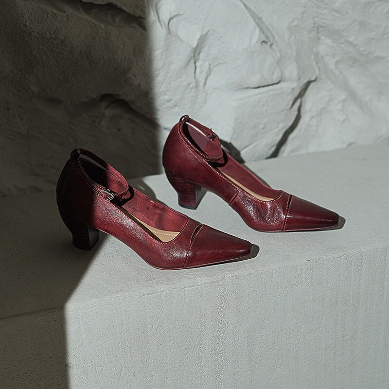 Elegant Square Toe Mid Heel Kitten Washed Horse Leather Pumps in Red/Black