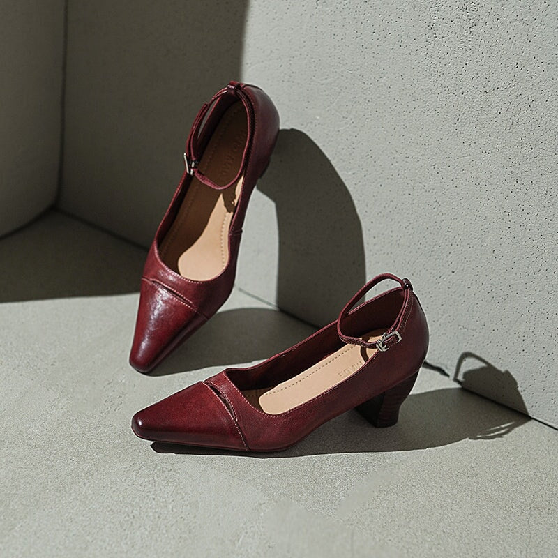 Elegant Square Toe Mid Heel Kitten Washed Horse Leather Pumps in Red/Black
