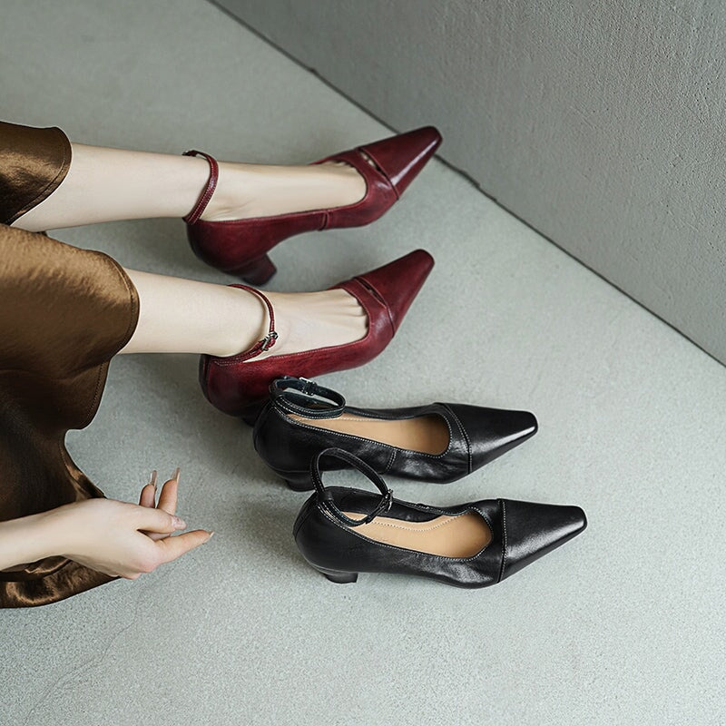Elegant Square Toe Mid Heel Kitten Washed Horse Leather Pumps in Red/Black