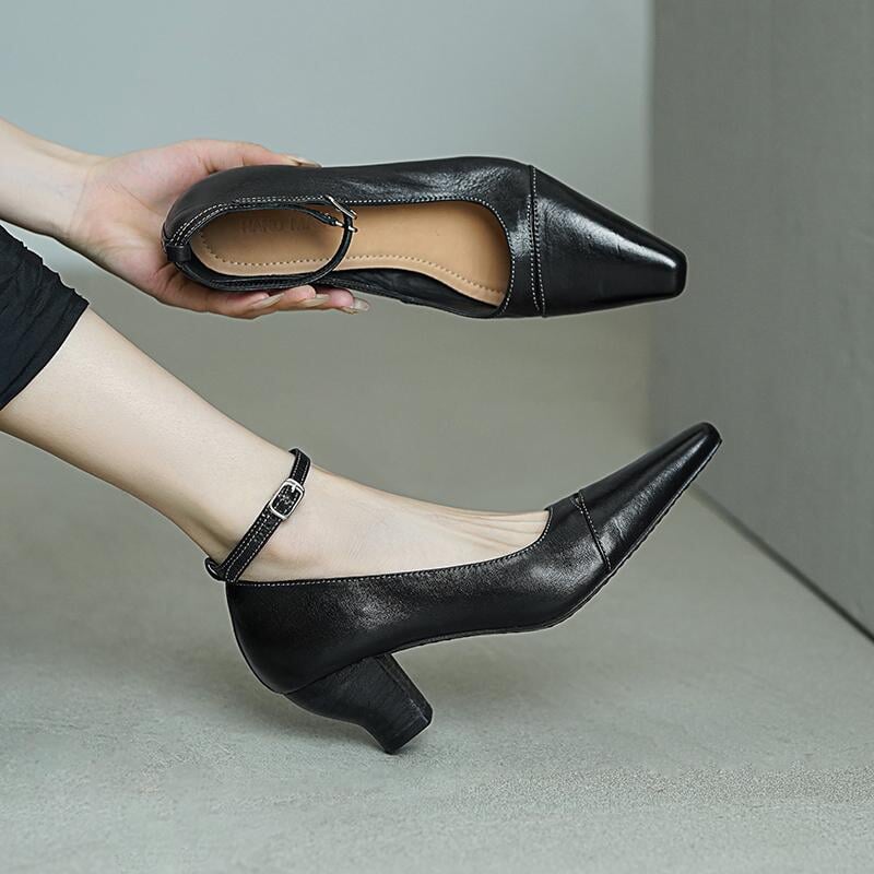 Elegant Square Toe Mid Heel Kitten Washed Horse Leather Pumps in Red/Black