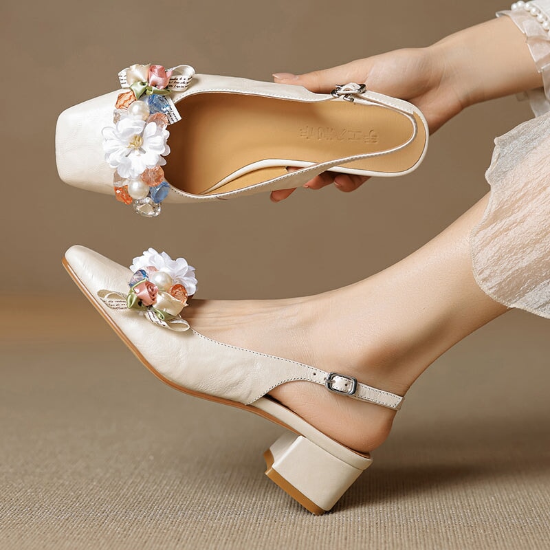 Elegant Square Toe Slingback Leather Sandals with Floral Design in Pink/Beige/Black