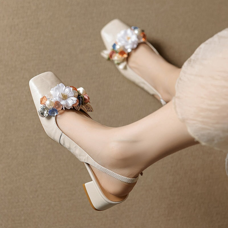 Elegant Square Toe Slingback Leather Sandals with Floral Design in Pink/Beige/Black