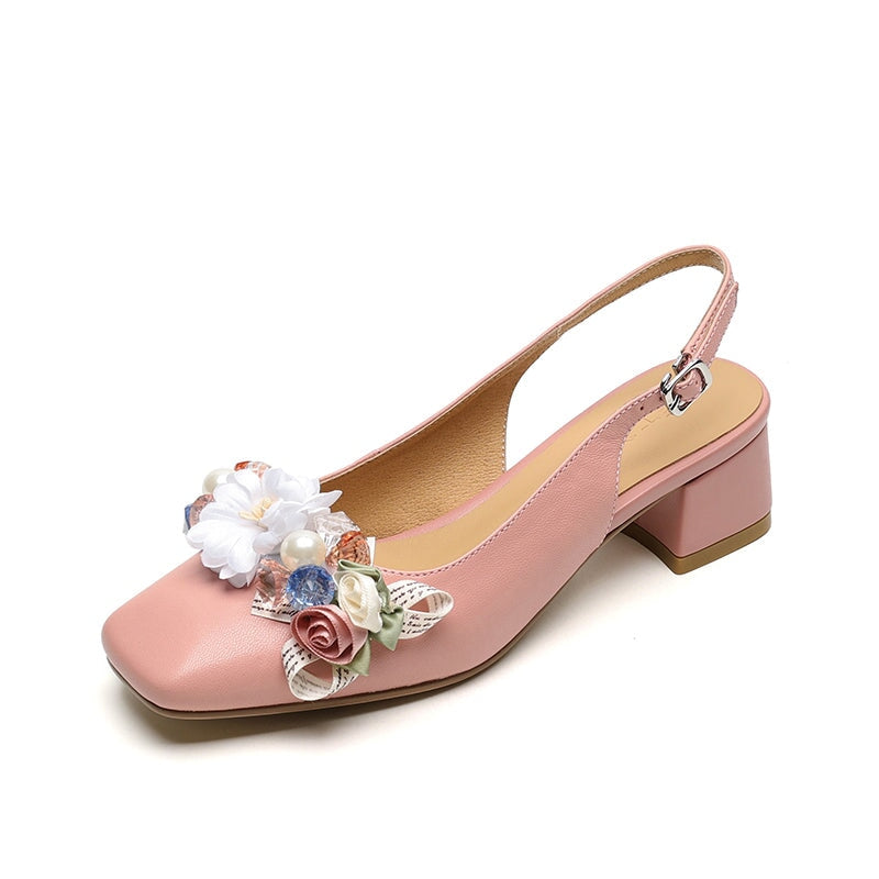 Elegant Square Toe Slingback Leather Sandals with Floral Design in Pink/Beige/Black