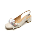 Elegant Square Toe Slingback Leather Sandals with Floral Design in Pink/Beige/Black