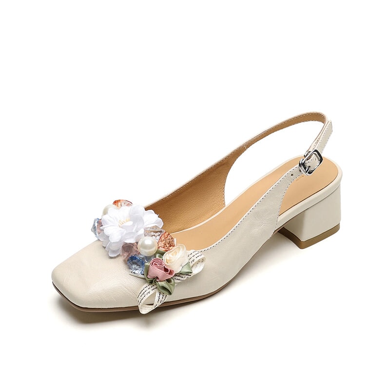 Elegant Square Toe Slingback Leather Sandals with Floral Design in Pink/Beige/Black