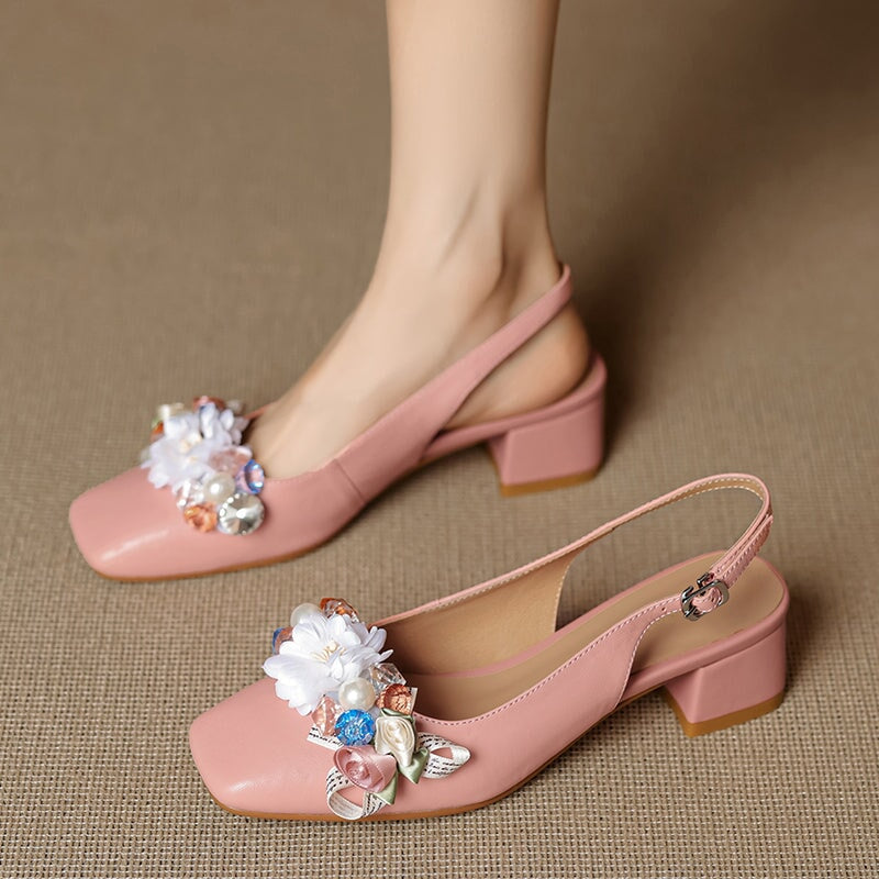 Elegant Square Toe Slingback Leather Sandals with Floral Design in Pink/Beige/Black