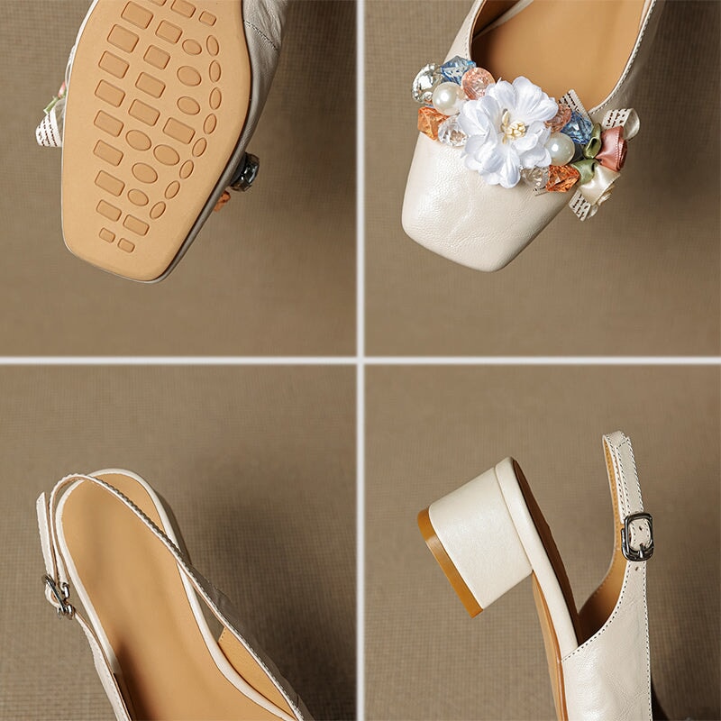 Elegant Square Toe Slingback Leather Sandals with Floral Design in Pink/Beige/Black