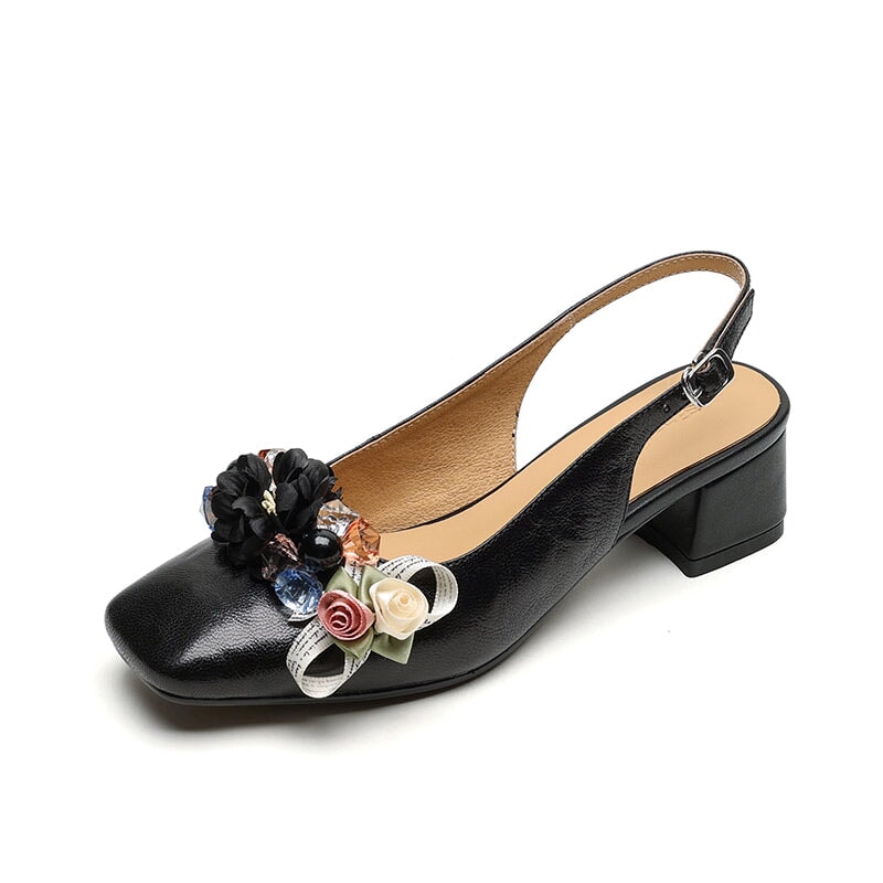 Elegant Square Toe Slingback Leather Sandals with Floral Design in Pink/Beige/Black