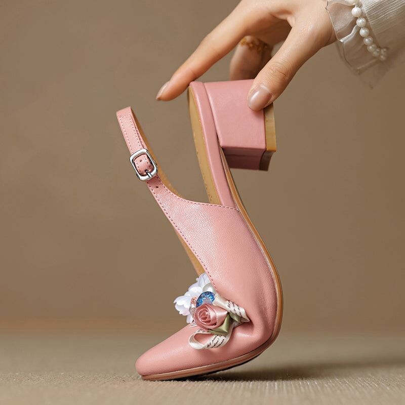 Elegant Square Toe Slingback Leather Sandals with Floral Design in Pink/Beige/Black