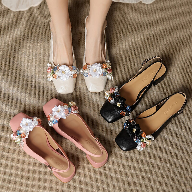 Elegant Square Toe Slingback Leather Sandals with Floral Design in Pink/Beige/Black