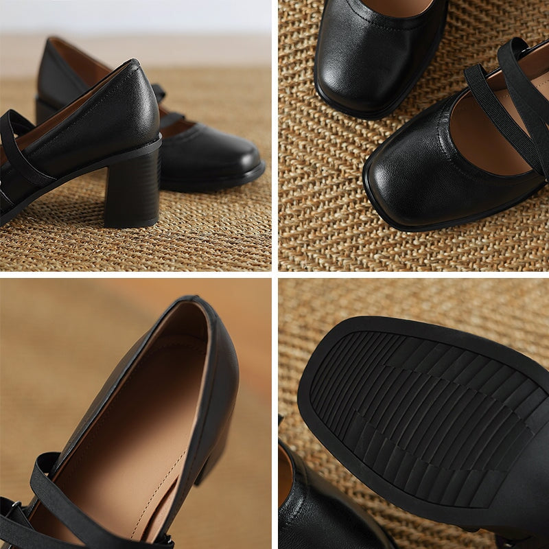 Elegant Strappy Sheepskin Square Toe Pumps with 65mm Block Heel in Black/Brown