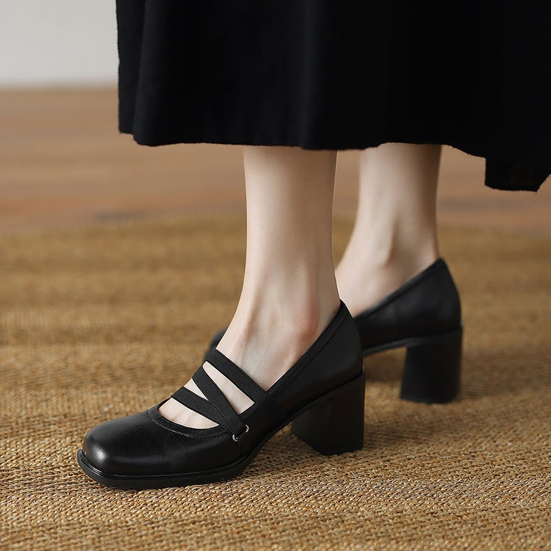 Elegant Strappy Sheepskin Square Toe Pumps with 65mm Block Heel in Black/Brown