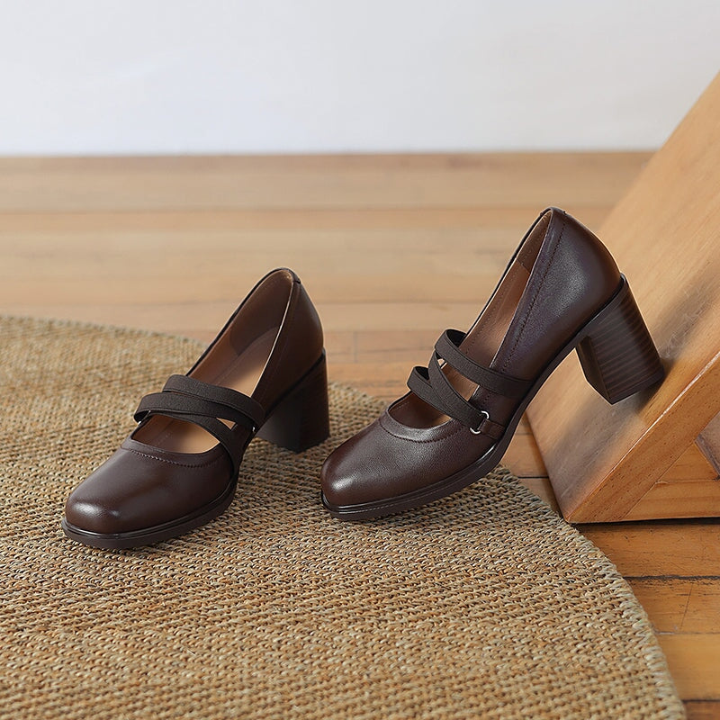 Elegant Strappy Sheepskin Square Toe Pumps with 65mm Block Heel in Black/Brown