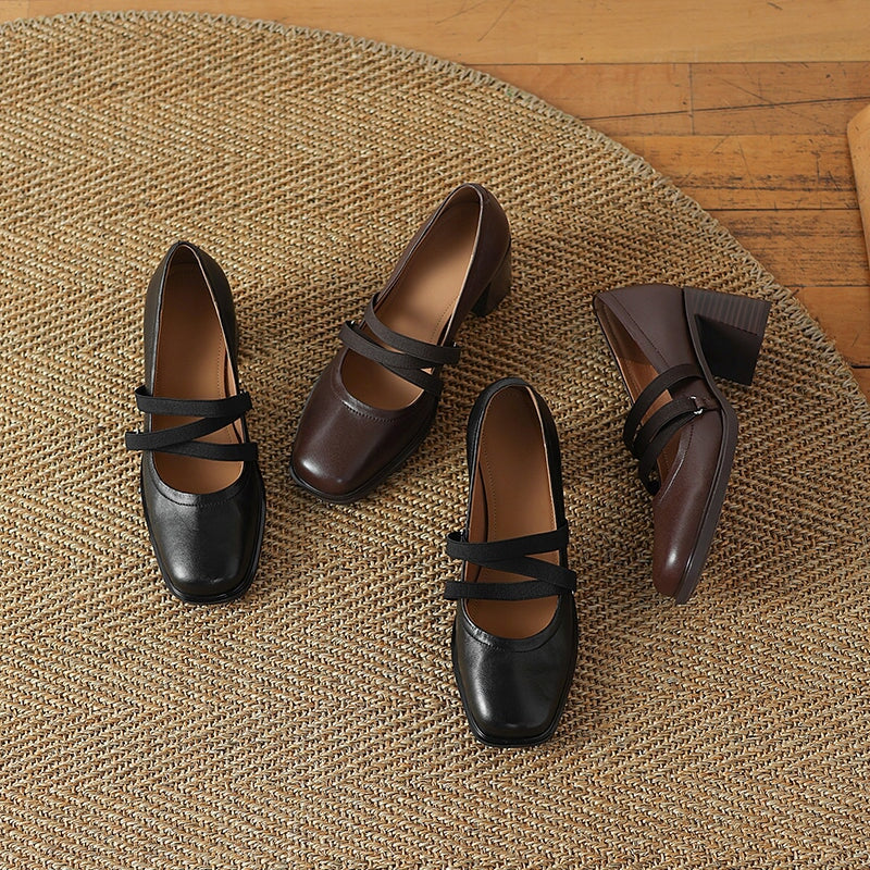 Elegant Strappy Sheepskin Square Toe Pumps with 65mm Block Heel in Black/Brown