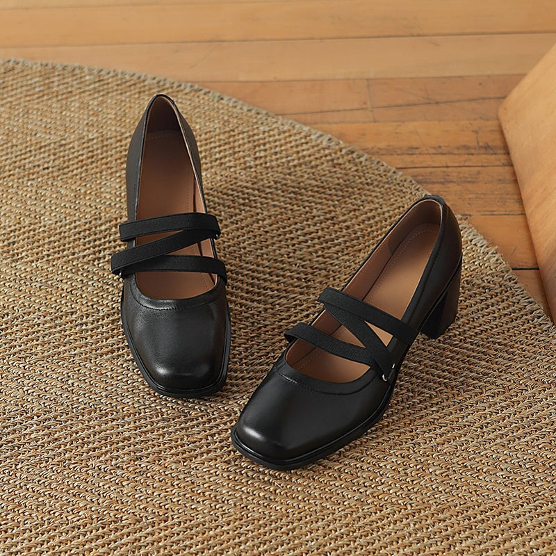 Elegant Strappy Sheepskin Square Toe Pumps with 65mm Block Heel in Black/Brown