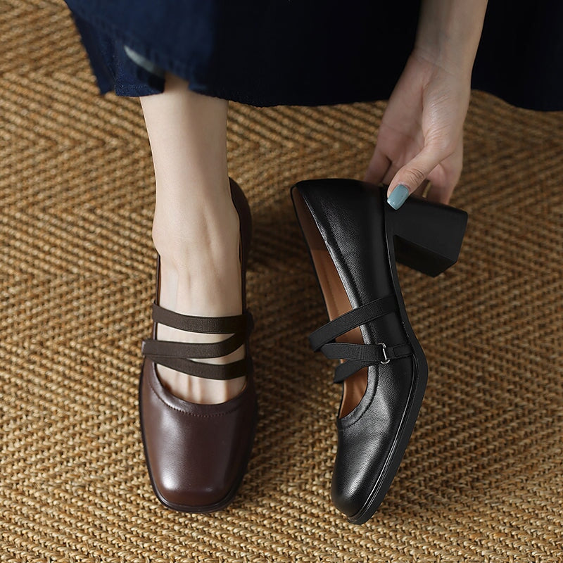Elegant Strappy Sheepskin Square Toe Pumps with 65mm Block Heel in Black/Brown