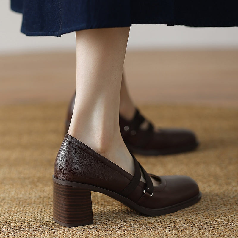 Elegant Strappy Sheepskin Square Toe Pumps with 65mm Block Heel in Black/Brown