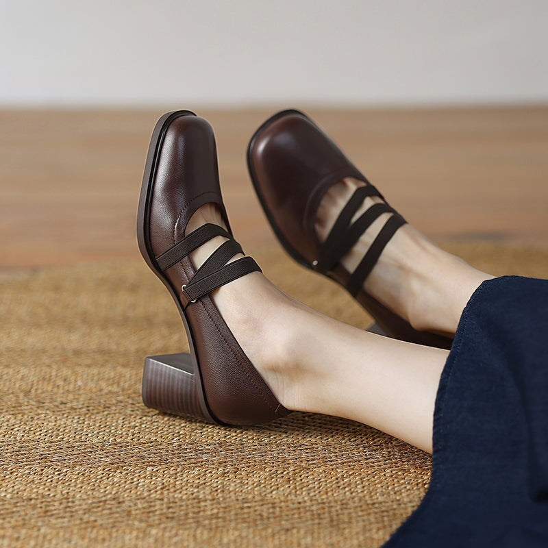 Elegant Strappy Sheepskin Square Toe Pumps with 65mm Block Heel in Black/Brown