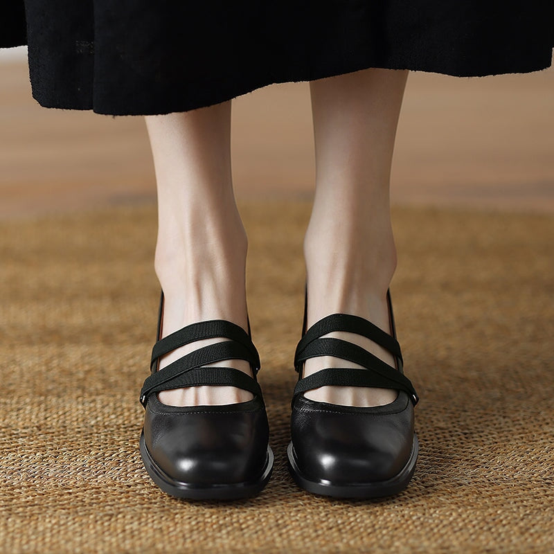Elegant Strappy Sheepskin Square Toe Pumps with 65mm Block Heel in Black/Brown