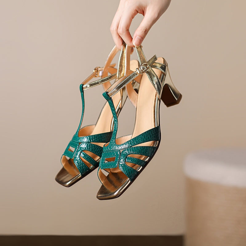 Elegant T-Strap Open Toe 60mm Block Heel Sandals French Retro Leather Slingback Pumps in Beige/Green/Yellow