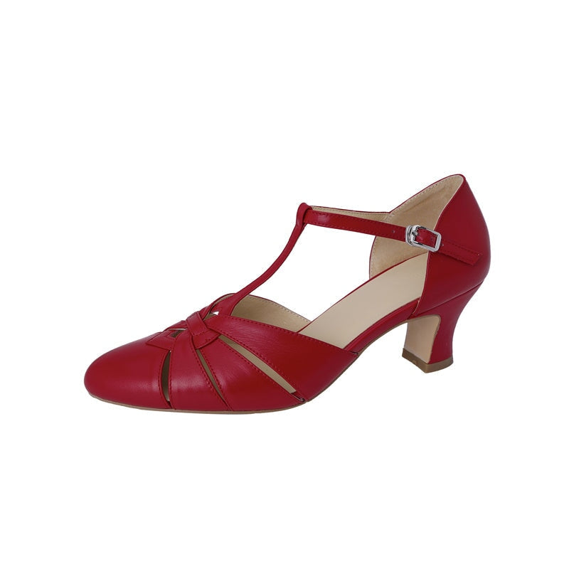 Elegant Vintage T-Strap Leather Pumps 60mm Cutout Roman Style Sandals in Beige/Apricot/Red