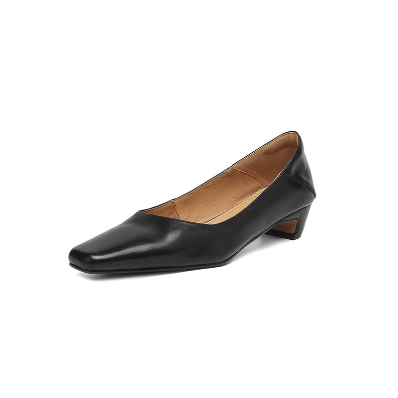 Fashion Square Toe Leather Block Heel Pumps Slip-On Work Shoes in Black/Wine Red/Apricot