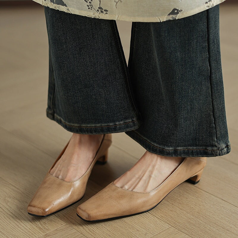 Fashion Square Toe Leather Block Heel Pumps Slip-On Work Shoes in Black/Wine Red/Apricot