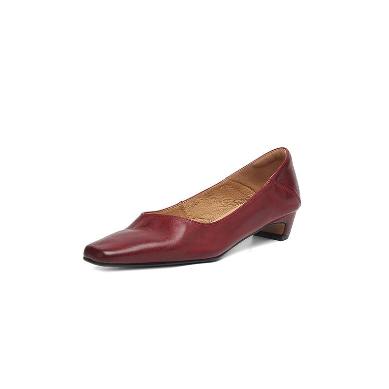 Fashion Square Toe Leather Block Heel Pumps Slip-On Work Shoes in Black/Wine Red/Apricot