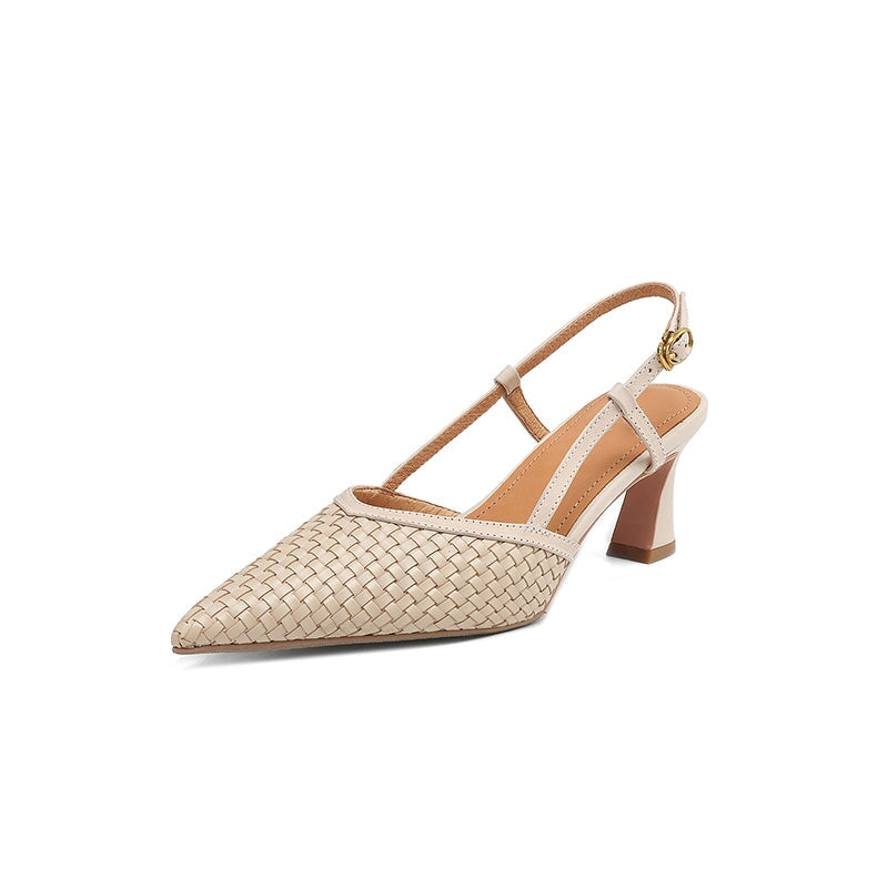 Fashion Woven Leather Pointed Toe Slingback Pumps with 60mm Block Heel in Beige/Black