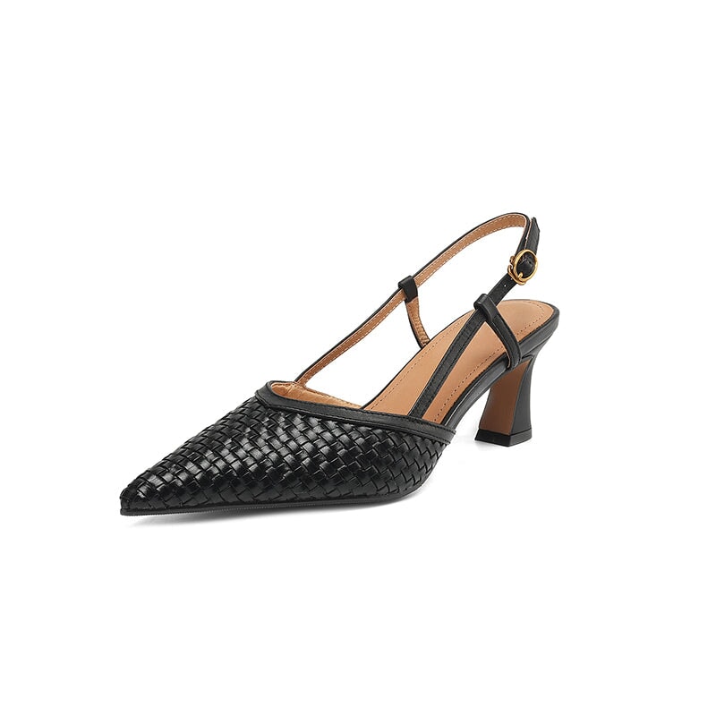 Fashion Woven Leather Pointed Toe Slingback Pumps with 60mm Block Heel in Beige/Black